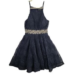 Trixxi Size 5 High‎ Neck Fit & Flare Mini Dress Navy Textured Floral Rhinestone